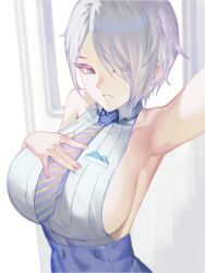 Rule 34 | 1girl, absurdres, blue necktie, breasts, brid (nikke), commentary, english commentary, goddess of victory: nikke, grey eyes, hair over one eye, hand on own chest, highres, jeeboon, large breasts, looking at viewer, medium hair, necktie, parted lips, selfie, shirt, sideboob, sideless shirt, skirt, solo, upper body, white hair, white shirt