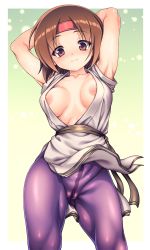 Rule 34 | 1girl, armpits, arms behind head, arms up, belt, breasts, brown eyes, brown hair, cameltoe, censored, collarbone, commentary request, covered navel, from below, gluteal fold, gradient background, green background, groin, head tilt, headband, highres, legs apart, m.u.g.e.n, mosaic censoring, muscular, muscular female, nipples, no bra, no panties, ohgaki m, open clothes, open shirt, pantyhose, parted bangs, purple pantyhose, pussy, ryuuko no ken, shirt, short hair, sleeveless, sleeveless shirt, snk, solo, standing, the king of fighters, thighs, white background, white shirt, wind, wind lift, yuri sakazaki