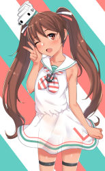 Rule 34 | 10s, 1girl, bad id, bad pixiv id, brown eyes, brown hair, dark-skinned female, dark skin, diagonal stripes, dress, fang, hat, highres, kantai collection, kyuuso inukami, libeccio (kancolle), long hair, one eye closed, sailor dress, smile, solo, striped, striped background, twintails, v