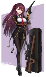 Rule 34 | 1girl, absurdres, ankle strap, arm under breasts, baek hyang, bipod, black footwear, black pantyhose, black skirt, blazer, braid, breasts, bullpup, character name, collared shirt, dated, framed breasts, french braid, full body, girls&#039; frontline, gloves, gun, hair ribbon, half updo, handgun, high-waist skirt, highres, holding, holding gun, holding weapon, jacket, large breasts, long hair, looking at viewer, necktie, one side up, open mouth, p99, pantyhose, pelvic curtain, purple hair, red eyes, red necktie, red ribbon, ribbon, rifle, shirt, shoes, signature, skirt, sniper rifle, solo, strap, striped clothes, striped shirt, taut clothes, taut shirt, trigger discipline, very long hair, wa2000 (girls&#039; frontline), walther, walther wa 2000, weapon, weapon case, white shirt