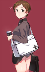 Rule 34 | 10s, 1girl, ?, ass, bag, brown eyes, brown hair, clothes lift, clueless, coffee cup, cup, disposable cup, em (totsuzen no hakike), emblem, girls und panzer, looking at viewer, panties, ritaiko (girls und panzer), school bag, school uniform, skirt, smile, solo, underwear, wardrobe malfunction