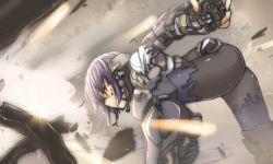 Rule 34 | 1girl, action, armor, ass, bodysuit, building, clenched teeth, collapsing, exoskeleton, eyelashes, female focus, hair between eyes, headset, makino himeko, mhjk, microphone, oteruko (wanabeee), power armor, projectile trail, purple hair, red eyes, ruins, shirt, short hair, solo, teeth, torn clothes, white shirt