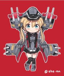 Rule 34 | 1girl, ahenn, anchor hair ornament, aqua eyes, black skirt, black thighhighs, blonde hair, cannon, commentary request, full body, gloves, hair ornament, hat, kantai collection, long hair, looking at viewer, low twintails, machinery, microskirt, military, military hat, military uniform, over-kneehighs, peaked cap, pleated skirt, prinz eugen (kancolle), red background, skirt, solo, standing, thighhighs, turret, twintails, twitter username, uniform, white gloves