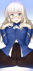 Rule 34 | 1girl, black pantyhose, blush, breasts, crotch seam, glasses, highres, long hair, looking at viewer, navel, no panties, pantyhose, perrine h. clostermann, small breasts, solo, spread legs, strike witches, suzume inui, world witches series