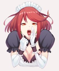 Rule 34 | 1girl, alternate costume, apron, blush, breasts, cleavage, dress, earrings, enmaided, fingerless gloves, gloves, green322, headpiece, highres, jewelry, looking at viewer, maid, maid headdress, medium breasts, nintendo, open mouth, oral invitation, pyra (xenoblade), red eyes, red hair, short hair, simple background, solo, tiara, tongue, upper body, xenoblade chronicles (series), xenoblade chronicles 2, xenoblade chronicles (series), xenoblade chronicles 2