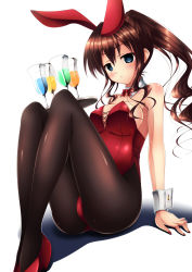 Rule 34 | 1girl, absurdres, animal ears, arm support, blue eyes, breasts, brown hair, detached sleeves, fake animal ears, glass, high heels, highres, jk-ff, large breasts, leotard, long hair, nail polish, open mouth, original, pantyhose, playboy bunny, rabbit ears, shoes, simple background, sitting, solo, tray, wrist cuffs