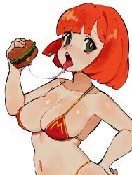 Rule 34 | 1girl, belly, breasts, burger, cleavage, collarbone, food, hand on own hip, holding, holding food, large breasts, looking at viewer, mcdonald&#039;s, mother (yoru mac), navel, orange hair, porl, product girl, saliva, short hair, simple background, solo, tongue, tongue out, white background, yoru mac
