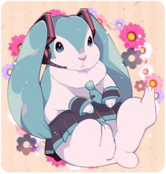 Rule 34 | 1girl, animal, animal focus, animalization, blue eyes, border, rabbit, clothed animal, floral background, full body, hatsune miku, headphones, headset, ikuchi osutega, looking at viewer, microphone, miniskirt, necktie, no humans, pleated skirt, rounded corners, skirt, solo, striped, striped background, vertical stripes, vocaloid, wrist cuffs