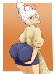 Rule 34 | 1girl, ass, ass grab, ass support, black shorts, blush, breasts, come hither, deep skin, from behind, glasses, glasses on head, highres, huge ass, hyrule warriors, hyrule warriors: age of calamity, large breasts, looking at viewer, looking back, nintendo, protohero, purah, red eyes, shiny clothes, shorts, sideboob, skin tight, smile, solo, the legend of zelda, the legend of zelda: breath of the wild