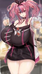 Rule 34 | 1girl, absurdres, azur lane, bag, bare shoulders, black dress, blurry, blurry background, breasts, bremerton (azur lane), bubble tea, cleavage, cowboy shot, dress, eyelashes, female focus, gigantic breasts, hair between eyes, head tilt, highres, jacket, legs, looking at viewer, matching hair/eyes, minidress, mole, mole on breast, mole under eye, multicolored hair, pink eyes, pink hair, purple hair, reaching, reaching towards viewer, smile, solo, standing, thick thighs, thighs, twintails, two-tone hair, white jacket, wide hips, yukito, zipper, zipper pull tab