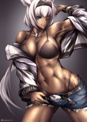 Rule 34 | 1girl, ;), abs, animal ears, arm up, armpits, bare shoulders, belt, bikini, black belt, black bikini, black hairband, blue eyes, body markings, breasts, caenis (fate), cleavage, collarbone, commentary, cowboy shot, cropped jacket, cutoffs, dark-skinned female, dark skin, denim, denim shorts, dog tags, fate/grand order, fate (series), gradient background, grey background, groin, hair between eyes, hair intakes, hairband, highleg, highleg bikini, highres, jacket, large breasts, long hair, looking at viewer, midriff, navel, off-shoulder jacket, off shoulder, one eye closed, open clothes, open jacket, queasy s, short shorts, shorts, sidelocks, simple background, skindentation, smile, solo, standing, studded jacket, swimsuit, twitter username, white hair, white jacket, wristband