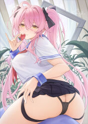 Rule 34 | 1girl, ass, black panties, black skirt, breasts, butt crack, catsmoon, closed mouth, commentary, english commentary, food, fruit, hair ornament, highres, large breasts, long hair, looking at viewer, looking back, original, panties, pink hair, pleated skirt, school uniform, serafuku, short sleeves, signature, skirt, solo, strawberry, thighs, twintails, underwear, white serafuku, wristband, yellow eyes