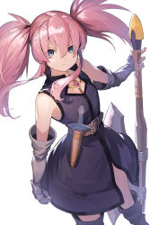 Rule 34 | 1girl, axe, belt, blue eyes, boots, chest jewel, dagger, dress, elbow gloves, empty eyes, gloves, highres, knife, koruse, pink hair, presea combatir, solo, tales of (series), tales of symphonia, twintails, weapon, white background