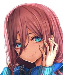 Rule 34 | 1girl, blue eyes, closed mouth, enpera, go-toubun no hanayome, hair between eyes, hand on own cheek, hand on own face, headphones, headphones around neck, highres, hoshi san 3, long hair, looking at viewer, nakano miku, portrait, red hair, scarf, simple background, smile, solo, white background