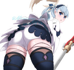 Rule 34 | 1girl, ass, ass focus, bare shoulders, blue eyes, blue hair, blush, breasts, cameltoe, dress, from behind, from below, head wings, highres, leaning, leaning forward, looking at viewer, looking back, medium breasts, medium hair, melia antiqua, mercury xeno, open mouth, short dress, short shorts, shorts, sideboob, solo, staff, thick thighs, thighhighs, thighs, wings, xenoblade chronicles (series), xenoblade chronicles 1
