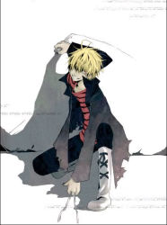 Rule 34 | belphegor (reborn), blonde hair, coat, colorized, hair over one eye, katekyo hitman reborn!, long coat, looking at viewer, male focus, misteor, open clothes, open coat, shirt, short hair, simple background, smile, solo, striped clothes, striped shirt