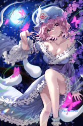 Rule 34 | 1girl, blue butterfly, breasts, bug, butterfly, butterfly on hand, cherry blossoms, cleavage, frills, fujiwara aoi, full moon, glowing butterfly, hat, insect, japanese clothes, mob cap, moon, night, night sky, pink eyes, pink hair, saigyouji yuyuko, short hair, sky, solo, touhou, tree, triangular headpiece, white butterfly