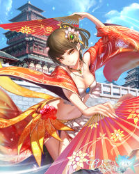 Rule 34 | 1girl, architecture, bad id, bad pixiv id, bare shoulders, blue sky, breasts, brooch, brown hair, building, cleavage, closed mouth, cloud, copyright name, cowboy shot, dancing, day, dual wielding, earrings, east asian architecture, eyelashes, floral print, flower, folding fan, gem, hair ornament, hand fan, head tilt, holding, holding fan, jewelry, long hair, looking at viewer, luen kulo, midriff, necklace, off shoulder, official art, outdoors, pagoda, pink lips, ponytail, red flower, red rose, revealing clothes, rose, skirt, sky, smile, solo, sparkle, stomach, tenkuu no crystalia, wall, wide sleeves, yellow eyes