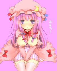 Rule 34 | 1girl, bad id, bad pixiv id, blush, bow, breasts, breasts out, crescent, crescent hair ornament, hair ornament, hat, large breasts, long hair, looking at viewer, nipples, patchouli knowledge, purple background, purple eyes, purple hair, simple background, solo, thighhighs, touhou, v arms, white thighhighs, yumemomosaka