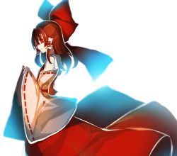 Rule 34 | 1girl, arm garter, bare shoulders, bloom, bow, brown hair, detached sleeves, from side, hair bow, hair tubes, hakurei reimu, japanese clothes, long hair, long sleeves, looking at viewer, miko, peach camellia, profile, red eyes, red skirt, ribbon-trimmed sleeves, ribbon trim, skirt, skirt set, smile, solo, touhou, wide sleeves