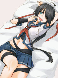 Rule 34 | 10s, 1girl, ahoge, aqua eyes, arm behind head, bad id, bad pixiv id, bandaged arm, bandages, black hair, blush, dutch angle, eyes visible through hair, hair ornament, hair over one eye, hairclip, indoors, kako (kancolle), kantai collection, long hair, looking at viewer, lying, messy hair, microskirt, midriff, navel, neckerchief, on back, on bed, one eye closed, open mouth, pallad, parted bangs, pillow, pleated skirt, ponytail, school uniform, serafuku, short sleeves, skirt, solo, tears