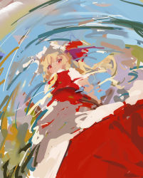 Rule 34 | 1girl, :&lt;, arm at side, ascot, blonde hair, closed mouth, expressionless, female pov, flandre scarlet, from below, from side, hat, hat ribbon, highres, impressionism, long hair, looking at viewer, looking down, no lineart, outdoors, petticoat, pov, puddle, red eyes, red ribbon, red skirt, red vest, reddizen, reflection, ribbon, short sleeves, side ponytail, skirt, skirt set, solo, standing, touhou, upskirt, vest, water, white hat, yellow ascot