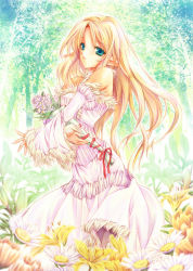 Rule 34 | 1girl, blonde hair, blue eyes, commentary request, cowboy shot, detached sleeves, dress, elf, field, flower, flower field, fur-trimmed dress, fur-trimmed sleeves, fur trim, holding, holding flower, long hair, looking at viewer, looking to the side, morino kiriko, orange flower, original, outdoors, parted lips, pink flower, pointy ears, solo, strapless, strapless dress, tree, white dress, white flower, white sleeves, yellow flower