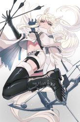 Rule 34 | 1girl, animal ears, arknights, arrow (projectile), black footwear, black gloves, black thighhighs, boots, bow (weapon), compound bow, cropped jacket, elbow gloves, female focus, garter straps, gloves, green eyes, highres, holding, holding arrow, horse ears, horse girl, horse tail, long hair, long sleeves, looking at viewer, memetaroh, midriff, navel, platinum (arknights), ponytail, quiver, shorts, sidelocks, simple background, solo, tail, thighhighs, weapon, white background, white shorts