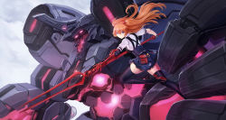 Rule 34 | 1girl, bident, black footwear, blue eyes, blue skirt, boots, brown hair, closed mouth, cloud, cloudy sky, floating hair, full body, hair between eyes, headgear, high-waist skirt, highres, holding, holding weapon, lance of longinus (evangelion), long hair, looking at viewer, maoh yueer, mecha, miniskirt, neon genesis evangelion, outdoors, polearm, robot, shirt, short sleeves, skirt, sky, solo, souryuu asuka langley, thigh boots, thighhighs, twintails, very long hair, weapon, white shirt, zettai ryouiki