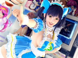 Rule 34 | 1girl, 3d, blue hair, breasts, cocoa (character), computer, cosplay, covered erect nipples, female focus, hairpods, incise soul, indoors, computer keyboard, lace, m-rs, maid, room, sideboob, solo, standing, thighhighs, twintails