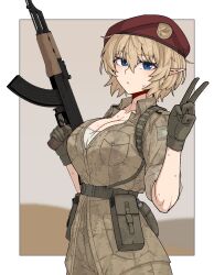 Rule 34 | 1girl, absurdres, akm, assault rifle, beret, blonde hair, blue eyes, blurry, blurry background, breast pocket, breasts, brown gloves, camouflage, camouflage pants, camouflage shirt, cleavage, elf, expressionless, eyebrows hidden by hair, formicid, gloves, gun, hand up, hat, highres, inset border, kalashnikov rifle, looking at viewer, military uniform, original, pants, pocket, pointy ears, pouch, rifle, shirt, short hair, sleeves rolled up, solo, sweat, trigger discipline, uniform, upper body, v, weapon