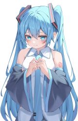 Rule 34 | 1girl, absurdres, aqua eyes, aqua hair, aqua necktie, arm tattoo, bare shoulders, black sleeves, closed mouth, commentary, hair between eyes, hatsune miku, highres, light blush, long hair, looking at viewer, necktie, number tattoo, own hands together, ryaru ryaru, shirt, sidelocks, simple background, sleeveless, sleeveless shirt, solo, tattoo, twintails, very long hair, vocaloid, wavy mouth, white background, white shirt, wide sleeves