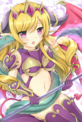 Rule 34 | 1girl, blonde hair, blush, demon wings, fang, headdress, horns, lilith (p&amp;d), long hair, natsume kei, natsume koro, navel, open mouth, pointy ears, puzzle &amp; dragons, red eyes, scythe, snake, wavy hair, wings