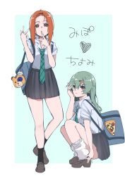 Rule 34 | 2girls, alternate costume, alternate hairstyle, anchovy (girls und panzer), bag, black skirt, black socks, blue background, boko (girls und panzer), brown eyes, brown footwear, brown hair, character name, ebinuma 11, from side, full body, girls und panzer, green hair, green necktie, hair down, highres, loafers, long hair, looking at viewer, loose socks, multiple girls, necktie, nishizumi miho, pizza hair ornament, pleated skirt, red eyes, school bag, school uniform, shirt, shoes, short hair, simple background, skirt, sleeves rolled up, socks, squatting, translated, white shirt, white socks