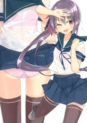 Rule 34 | 1girl, akebono (kancolle), ass, beritabo, blue skirt, blush, brown thighhighs, clothes lift, collarbone, commentary request, cowboy shot, from behind, head out of frame, kantai collection, leg lift, lifting own clothes, long hair, looking away, midriff peek, multiple views, neck ribbon, one eye closed, open mouth, panties, pink panties, pleated skirt, ponytail, purple hair, ribbon, sailor collar, school uniform, see-through, serafuku, shiny skin, short sleeves, sidelocks, skirt, skirt lift, standing, standing on one leg, thighhighs, underwear, upskirt, water drop, wet, wet clothes, white background, zettai ryouiki