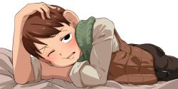 Rule 34 | 1boy, black eyes, brown hair, chilchuck tims, dungeon meshi, kaminosaki, large ears, looking at viewer, lying, male focus, on bed, on stomach, simple background, solo, vest, waking up, white background