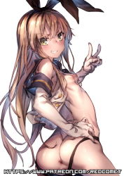 Rule 34 | 10s, 1girl, anus, artist name, ass, bad anatomy, black panties, blonde hair, breasts, clenched teeth, elbow gloves, from behind, gloves, green eyes, hair between eyes, hair ribbon, hand on own hip, kantai collection, long hair, looking back, md5 mismatch, nipples, open clothes, open shirt, panties, pussy, redcomet, ribbon, sailor collar, shimakaze (kancolle), shirt, simple background, sleeveless, sleeveless shirt, small breasts, solo, teeth, thong, uncensored, underwear, v, very long hair, watermark, web address, white background, white gloves, white shirt