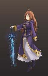 Rule 34 | 10s, 1girl, ahoge, black background, black footwear, black legwear, breasts, brown background, brown hair, closed mouth, cross, dress, frostmourne, full body, glowing, glowing sword, glowing weapon, gradient background, highres, holding, holding sword, holding weapon, hood, hood down, kono subarashii sekai ni shukufuku wo!, large breasts, light particles, long dress, long hair, long sleeves, looking at viewer, looking to the side, outstretched arm, parted bangs, purple dress, sendo (sendrawz), shoes, simple background, skirt, solo, sword, warcraft, warcraft iii, weapon, wiz (konosuba), yellow eyes
