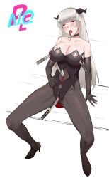 Rule 34 | 1girl, absurdres, artist request, blood, breasts, cleavage, corpse, death, elbow gloves, gloves, highres, injury, knife, long hair, open mouth, original, red eyes, rolling eyes, silver hair, solo, sword, tongue, tongue out, weapon