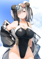 Rule 34 | 1girl, arknights, black-framed eyewear, black coat, black one-piece swimsuit, blue sky, breasts, closed mouth, cloud, coat, collarbone, commentary request, competition swimsuit, contrapposto, covered navel, cowboy shot, eyewear on head, feater (arknights), gluteal fold, hand on own hip, highres, large breasts, looking at viewer, meth (emethmeth), multicolored coat, off shoulder, one-piece swimsuit, open clothes, open coat, panda, revision, round eyewear, round teeth, sky, smile, solo, standing, sunglasses, swimsuit, teeth, twintails, two-tone coat, upper teeth only, wet, wet clothes