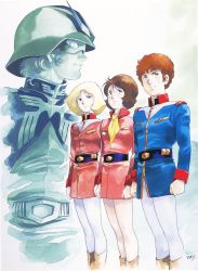 Rule 34 | 1980s (style), 2boys, 2girls, amuro ray, belt, blonde hair, blue eyes, blue jacket, boots, breasts, brown eyes, brown footwear, brown hair, char aznable, clenched hands, fraw bow, gundam, hair behind ear, helmet, highres, jacket, looking at viewer, mask, mecha, military, military uniform, mobile suit gundam, multiple boys, multiple girls, official art, oldschool, painting (medium), pants, red jacket, retro artstyle, robot, sayla mass, science fiction, short hair, signature, standing, traditional media, uniform, watercolor (medium), white background, white pants, yasuhiko yoshikazu