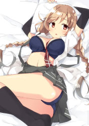 Rule 34 | 1girl, arms up, ass, beritabo, black socks, blouse, blue bra, blue panties, blush, bow, bra, braid, breasts, brown eyes, cloud hair ornament, gradient hair, highres, kantai collection, large breasts, light brown hair, long hair, looking at viewer, lying, minegumo (kancolle), multicolored hair, navel, neck ribbon, on back, open clothes, open shirt, panties, pillow, plaid neckwear, pleated skirt, red bow, red eyes, red neckwear, school uniform, shirt, short sleeves, skirt, socks, solo, suspender skirt, suspenders, twin braids, underwear, undone neck ribbon, white shirt