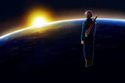 Rule 34 | 1boy, arms at sides, belt, boots, capsule corp, commentary request, denim, denim jacket, dragon ball, dragonball z, earth (planet), facing away, floating, full body, jacket, jeans, male focus, outdoors, pants, planet, purple hair, rising sun flag, short hair, solo, space, sun, sunburst, sword, trunks (dragon ball), trunks (future) (dragon ball), weapon, wide shot