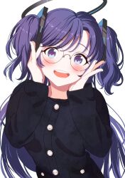 Rule 34 | 1girl, absurdres, bazz000033, bespectacled, black jacket, blue archive, blush, buttons, glass, glasses, halo, highres, jacket, long hair, long sleeves, looking at viewer, mechanical halo, open mouth, purple eyes, purple hair, simple background, smile, solo, teeth, two side up, upper body, upper teeth only, white background, yuuka (blue archive)