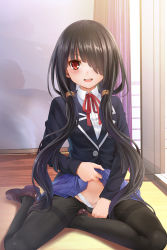 Rule 34 | 1girl, black hair, black jacket, black pantyhose, blue skirt, brown footwear, clothes lift, collared shirt, curtains, date a live, day, denhijou niki, female focus, hair ornament, hair over one eye, highres, indoors, jacket, lifting own clothes, long hair, long sleeves, looking at viewer, miniskirt, neck ribbon, on floor, open mouth, panties, panties under pantyhose, panty pull, pantyhose, pulling own clothes, red eyes, red ribbon, ribbon, school uniform, shirt, shoes, sitting, skirt, skirt lift, smile, solo, sunlight, teeth, thighband pantyhose, tokisaki kurumi, twintails, underwear, upper teeth only, very long hair, white panties, white white, window, yokozuwari