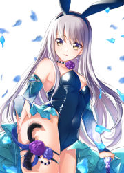 Rule 34 | 1girl, animal ears, armpits, bang dream!, bare legs, blue flower, blue gloves, blue leotard, blue rose, blush, breasts, bridal gauntlets, choker, commentary, covered navel, cowboy shot, dutch angle, earrings, elbow gloves, fake animal ears, flower, flower choker, from below, gloves, grey hair, hand on own ass, highleg, highleg leotard, highres, jewelry, leotard, long hair, looking at viewer, minato yukina, petals, playboy bunny, rabbit ears, rose, rose petals, sidelocks, sleeveless, small breasts, solo, standing, strapless, strapless leotard, thigh strap, tsurugi hikaru, white background, yellow eyes