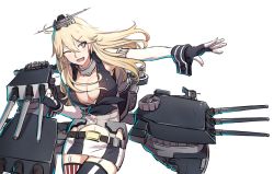 Rule 34 | 10s, american flag legwear, asymmetrical legwear, belt, blonde hair, blue eyes, breasts, buckle, cannon, cleavage, elbow gloves, fingerless gloves, flag print, front-tie top, garter straps, gloves, hair between eyes, headgear, iowa (kancolle), kantai collection, large breasts, miniskirt, mismatched legwear, navel, open mouth, skirt, smile, solo, star-shaped pupils, star (symbol), striped clothes, striped thighhighs, symbol-shaped pupils, thighhighs, vertical-striped clothes, vertical-striped thighhighs, xiujia yihuizi