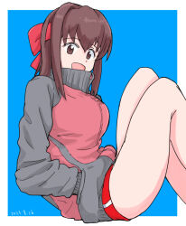 1girl blue_background brown_eyes brown_hair commentary dated from_side girls_und_panzer hand_in_pocket headband jacket kondou_taeko long_sleeves looking_at_viewer medium_hair mutsu_(layergreen) open_mouth red_headband red_jacket red_shorts short_shorts shorts single_vertical_stripe sitting smile solo track_jacket