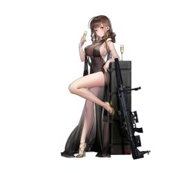 Rule 34 | 1girl, anti-materiel rifle, armlet, bare legs, black dress, black hair, blast compensator, blunt bangs, bolt-action rifle, bolt action, breasts, bullpup, champagne flute, cleavage, compensator, covered navel, cup, dress, drinking glass, dsr-50, dsr-50 (girls&#039; frontline), dsr-50 (highest bid) (girls&#039; frontline), earrings, evening gown, full body, girls&#039; frontline, gun, high heels, jewelry, large breasts, liduke, long hair, looking at viewer, muzzle device, necklace, official alternate costume, official art, parted lips, red eyes, rifle, ring, see-through, sidelocks, sniper rifle, solo, standing, standing on one leg, strap gap, suppressor, transparent background, weapon, weapon case