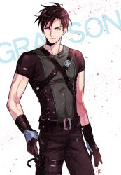 Rule 34 | 1boy, black hair, character name, cowboy shot, dick grayson, gloves, looking to the side, male focus, pouch, purple eyes, short hair, short sleeves, solo, stariver00, superhero costume, tactical clothes, tagme, thigh strap, white background